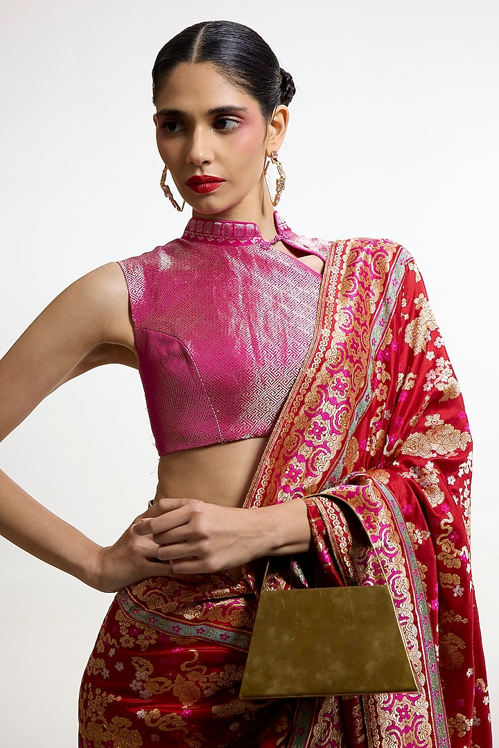 Ruby Red Satin Silk Kadhwa Banarasi Reception Saree by Ekaya at Pernia's Pop Up Shop