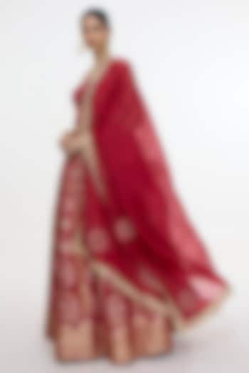Ruby Red Pure Satin Silk Banarasi Bridal Lehenga Set by Ekaya at Pernia's Pop Up Shop