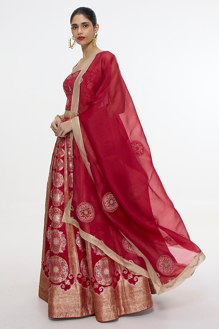 Ruby Red Pure Satin Silk Banarasi Bridal Lehenga Set by Ekaya at Pernia's Pop Up Shop