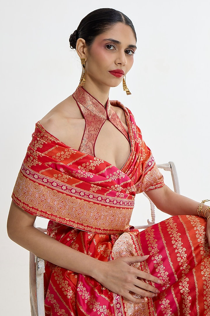 Carmine Red Satin Silk Kadhwa Banarasi Bridal Saree by Ekaya at Pernia's Pop Up Shop
