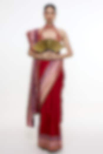 Scarlet Red Satin Silk Kadhwa Tanchoi Banarasi Wedding Saree by Ekaya at Pernia's Pop Up Shop