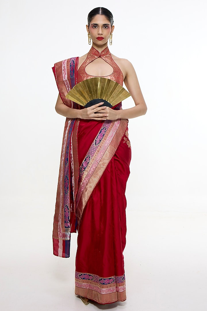 Scarlet Red Satin Silk Kadhwa Tanchoi Banarasi Wedding Saree by Ekaya at Pernia's Pop Up Shop