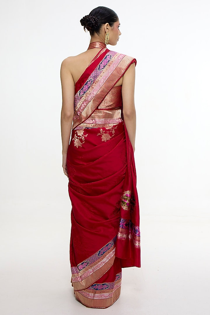Scarlet Red Satin Silk Kadhwa Tanchoi Banarasi Wedding Saree by Ekaya at Pernia's Pop Up Shop