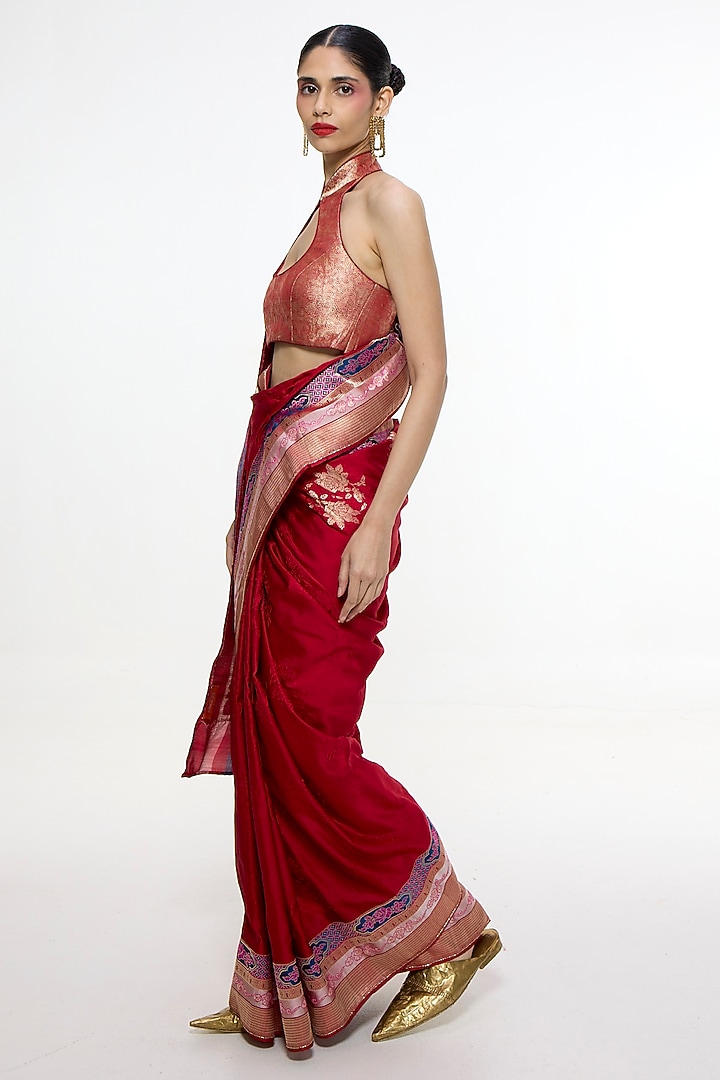 Scarlet Red Satin Silk Kadhwa Tanchoi Banarasi Wedding Saree by Ekaya at Pernia's Pop Up Shop