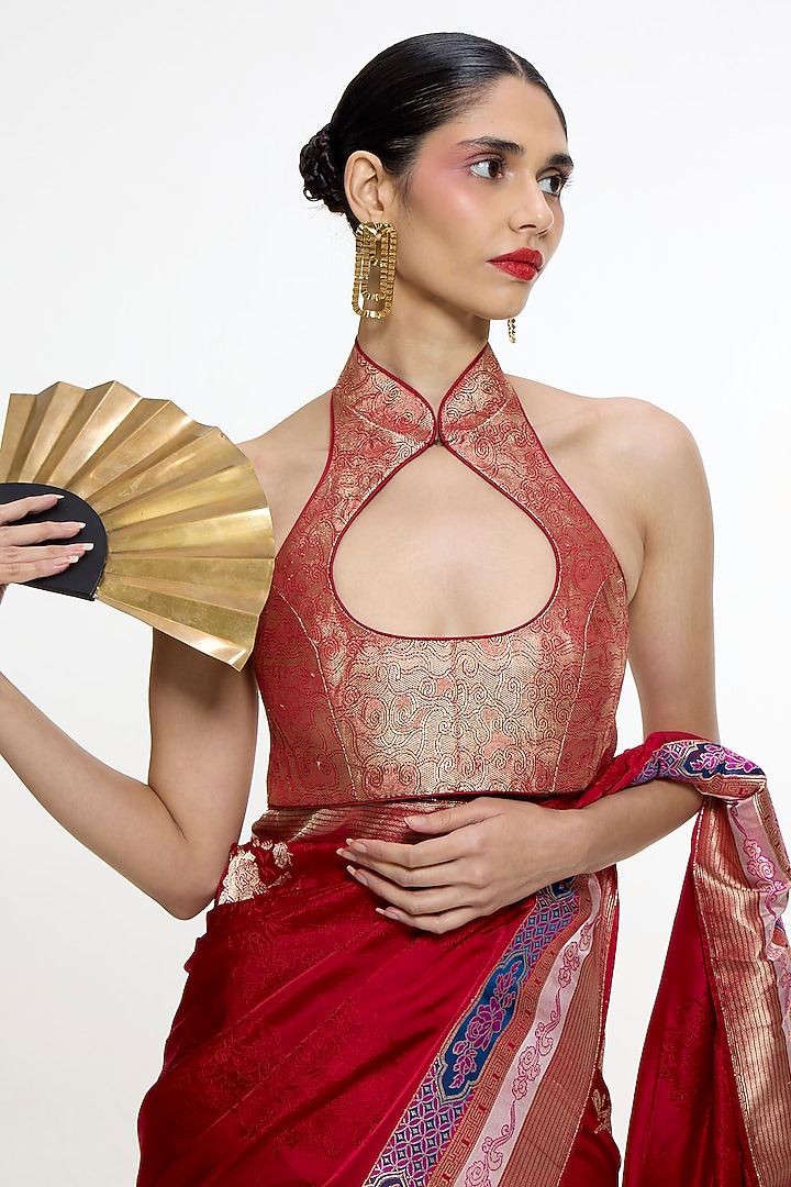 Scarlet Red Satin Silk Kadhwa Tanchoi Banarasi Wedding Saree by Ekaya at Pernia's Pop Up Shop