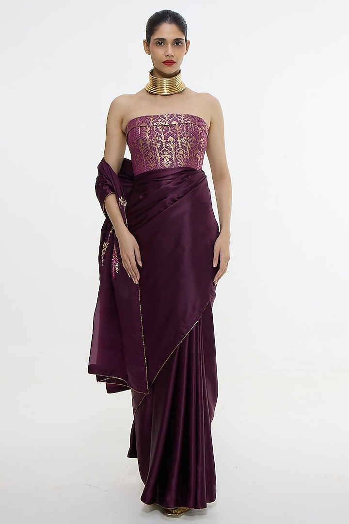 Maroon Pure Mashru Silk Embroidered Wedding Saree by Ekaya at Pernia's Pop Up Shop