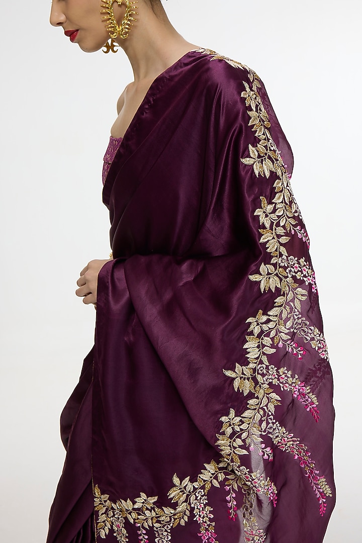 Maroon Pure Mashru Silk Embroidered Wedding Saree by Ekaya at Pernia's Pop Up Shop