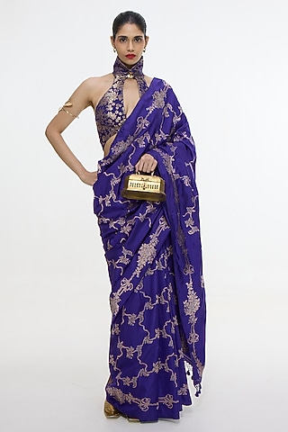 Indigo Blue Satin Silk Kadhwa Banarasi Saree by Ekaya