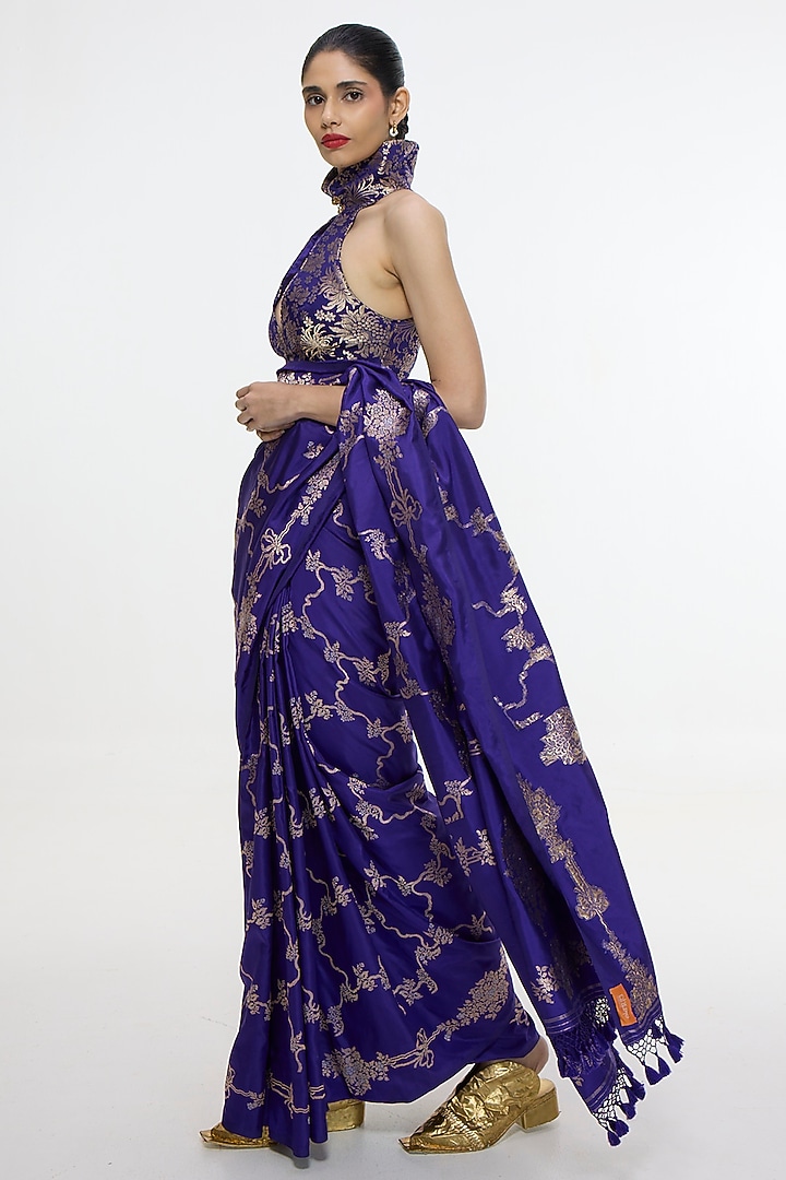 Indigo Blue Satin Silk Kadhwa Banarasi Reception Saree by Ekaya at Pernia's Pop Up Shop