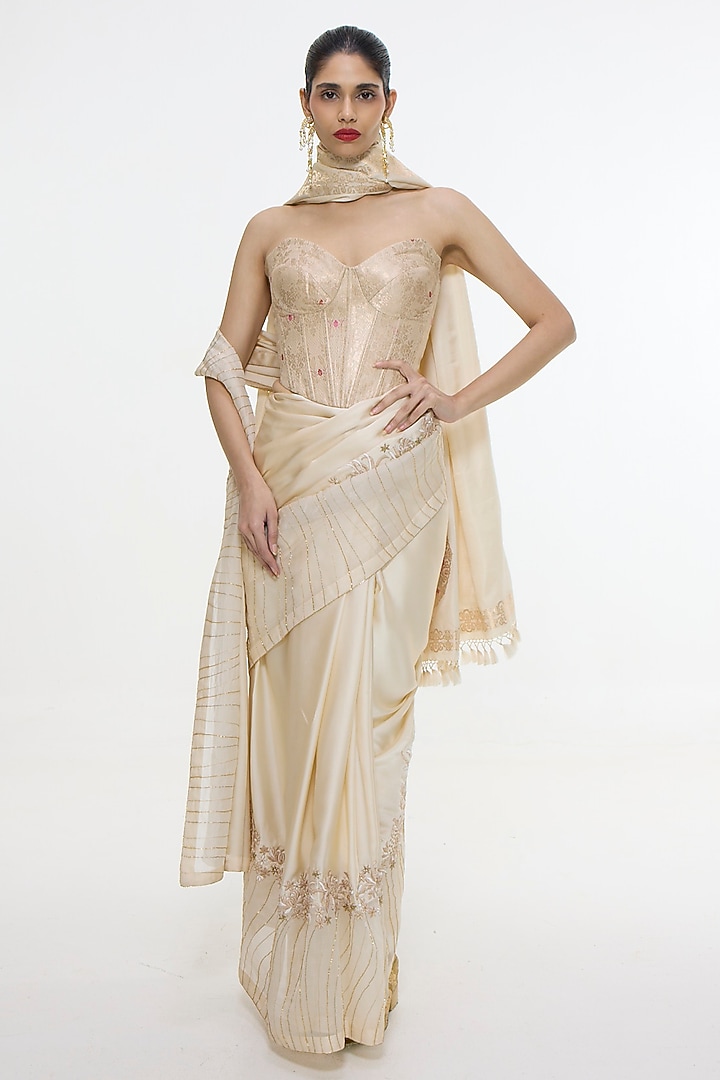Ecru Pure Mashru Silk Embroidered Wedding Saree by Ekaya at Pernia's Pop Up Shop