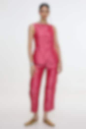 Fuchsia Satin Silk Tanchoi Banarasi Waistcoat Set by Ekaya at Pernia's Pop Up Shop