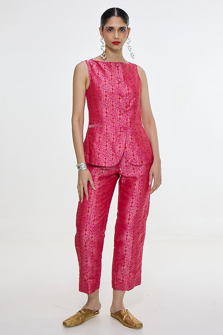 Fuchsia Satin Silk Tanchoi Banarasi Waistcoat Set by Ekaya at Pernia's Pop Up Shop