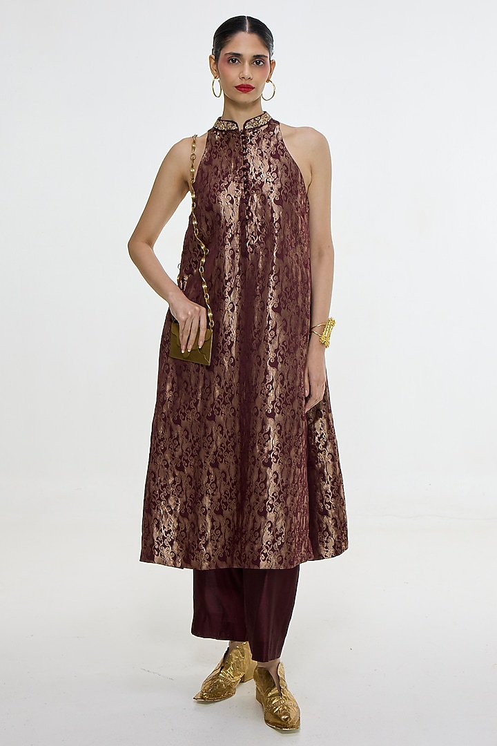 Red Pure Satin Silk Banarasi Kurta Set by Ekaya at Pernia's Pop Up Shop