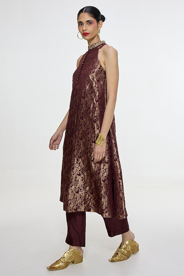 Red Pure Satin Silk Banarasi Kurta Set by Ekaya at Pernia's Pop Up Shop