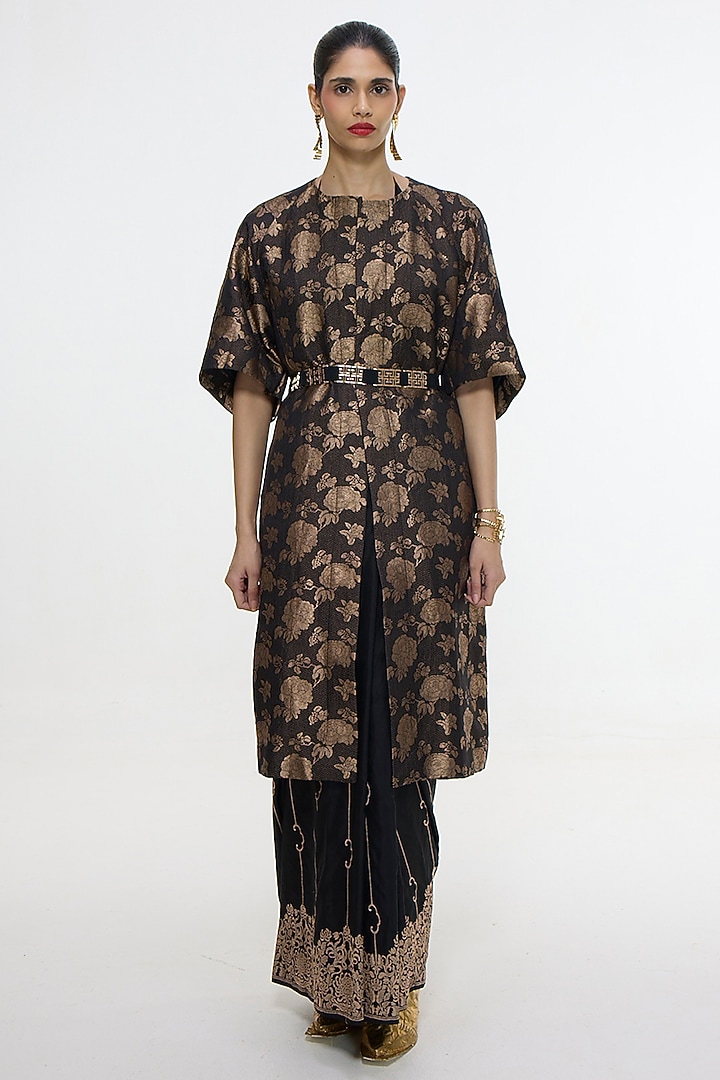 Black Satin Silk Handwoven Jacket by Ekaya at Pernia's Pop Up Shop