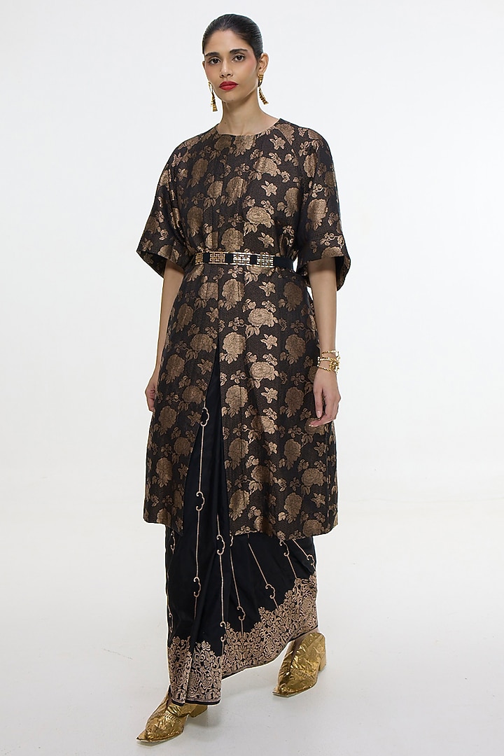 Black Satin Silk Handwoven Jacket by Ekaya at Pernia's Pop Up Shop