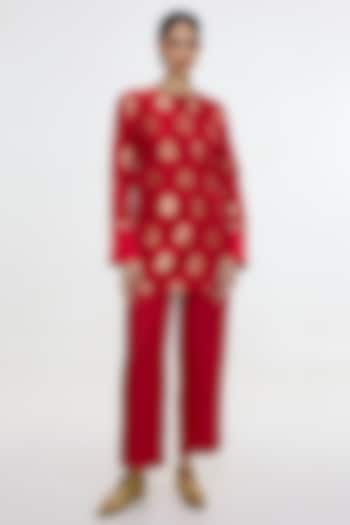 Red Satin Silk Handwoven Kurta Set by Ekaya at Pernia's Pop Up Shop