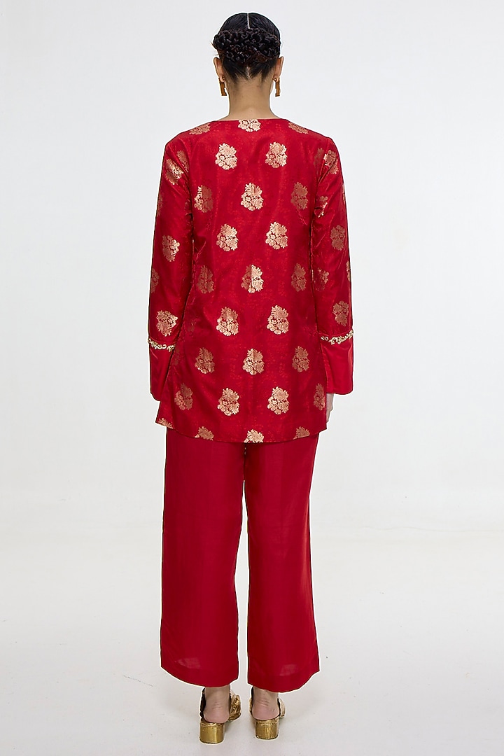 Red Satin Silk Handwoven Kurta Set by Ekaya at Pernia's Pop Up Shop