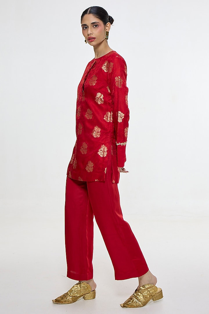 Red Satin Silk Handwoven Kurta Set by Ekaya at Pernia's Pop Up Shop