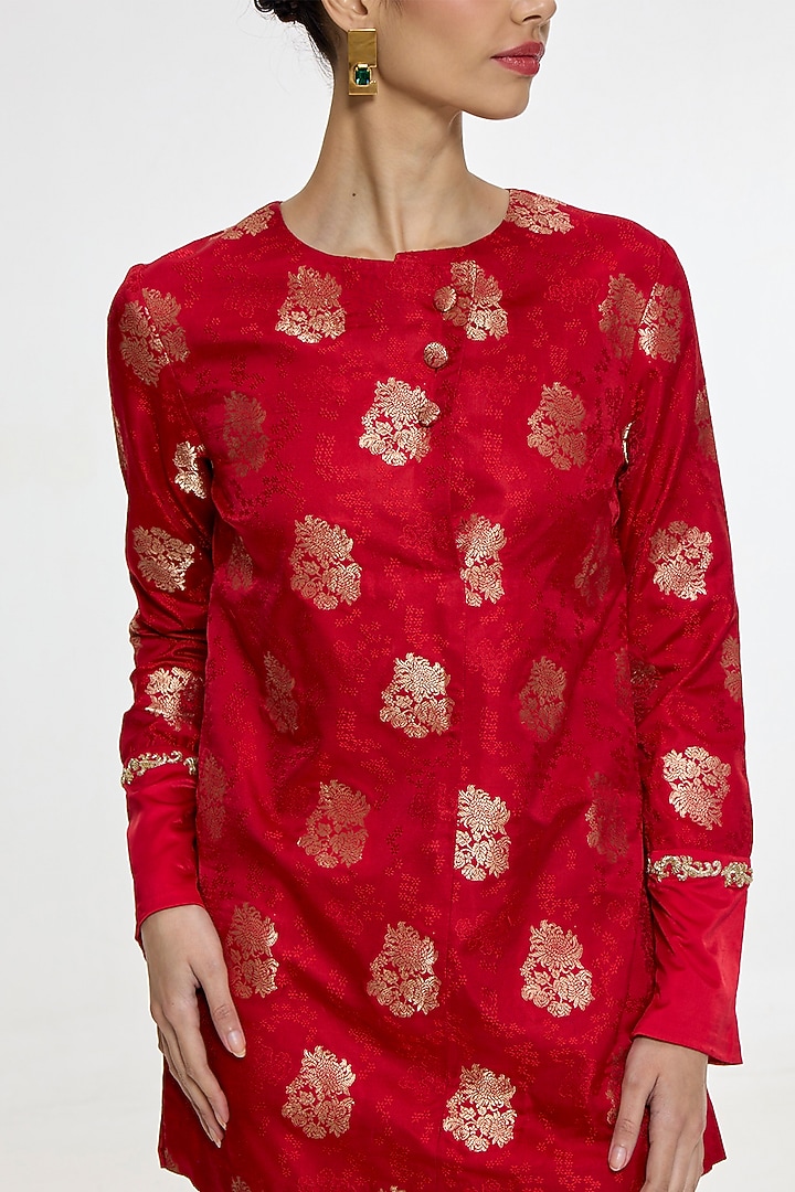 Red Satin Silk Handwoven Kurta Set by Ekaya at Pernia's Pop Up Shop