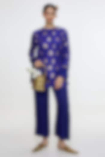 Royal Blue Satin Silk Handwoven Kurta Set by Ekaya at Pernia's Pop Up Shop