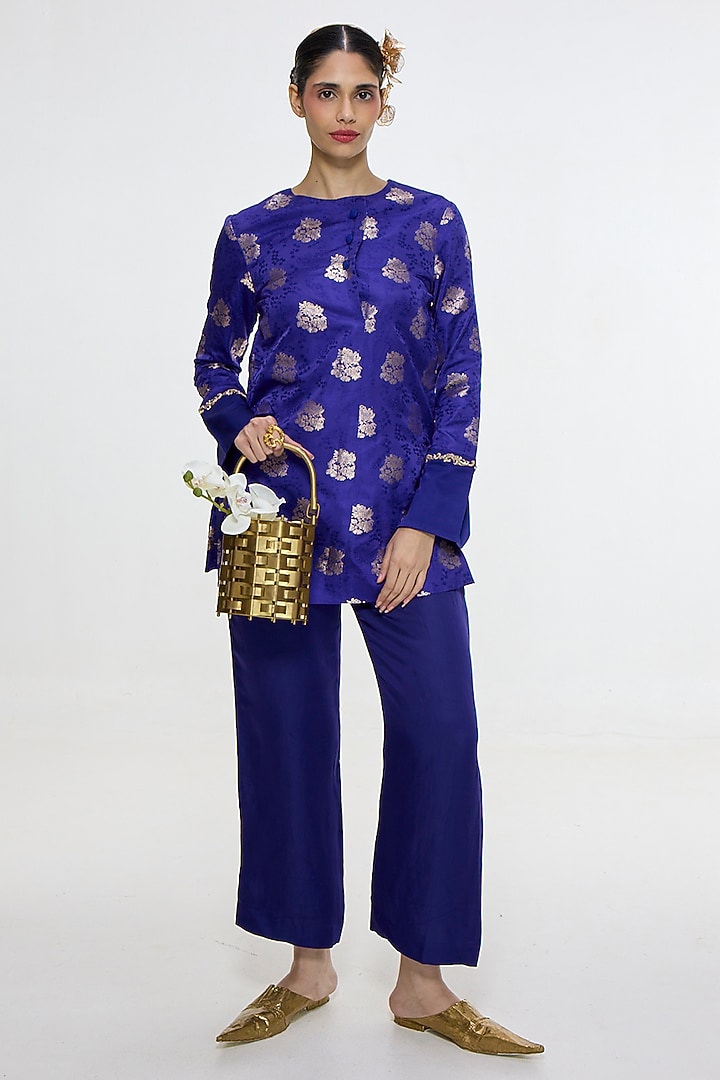Royal Blue Satin Silk Handwoven Kurta Set by Ekaya at Pernia's Pop Up Shop