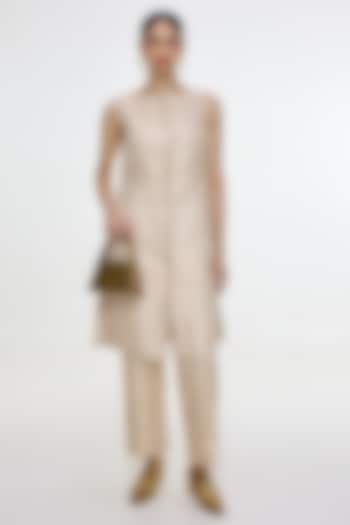 Ivory & Gold Satin Silk Handwoven Jacket by Ekaya at Pernia's Pop Up Shop