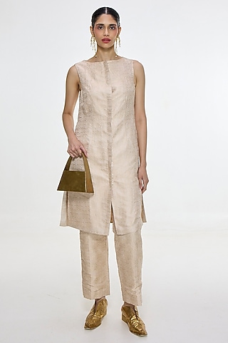 Ivory & Gold Satin Silk Handwoven Jacket by Ekaya