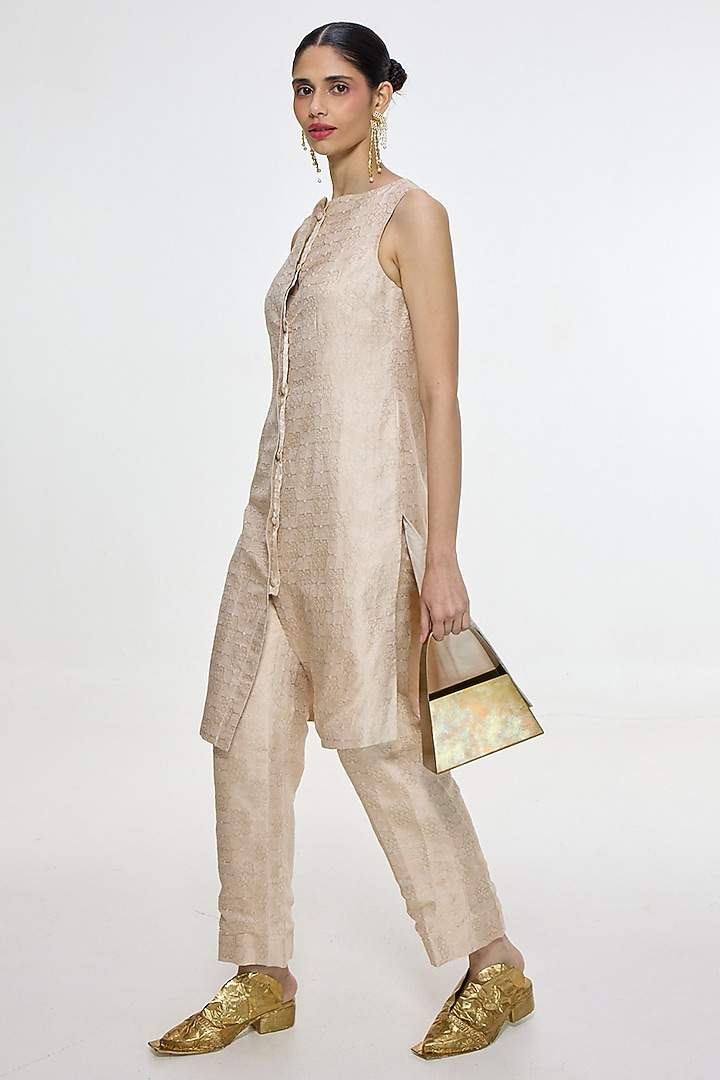 Ivory & Gold Satin Silk Handwoven Jacket by Ekaya at Pernia's Pop Up Shop