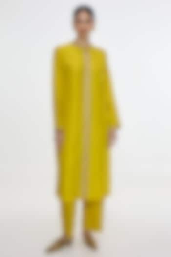 Mustard Yellow Mushroom Silk Embroidered Kurta Set by Ekaya at Pernia's Pop Up Shop