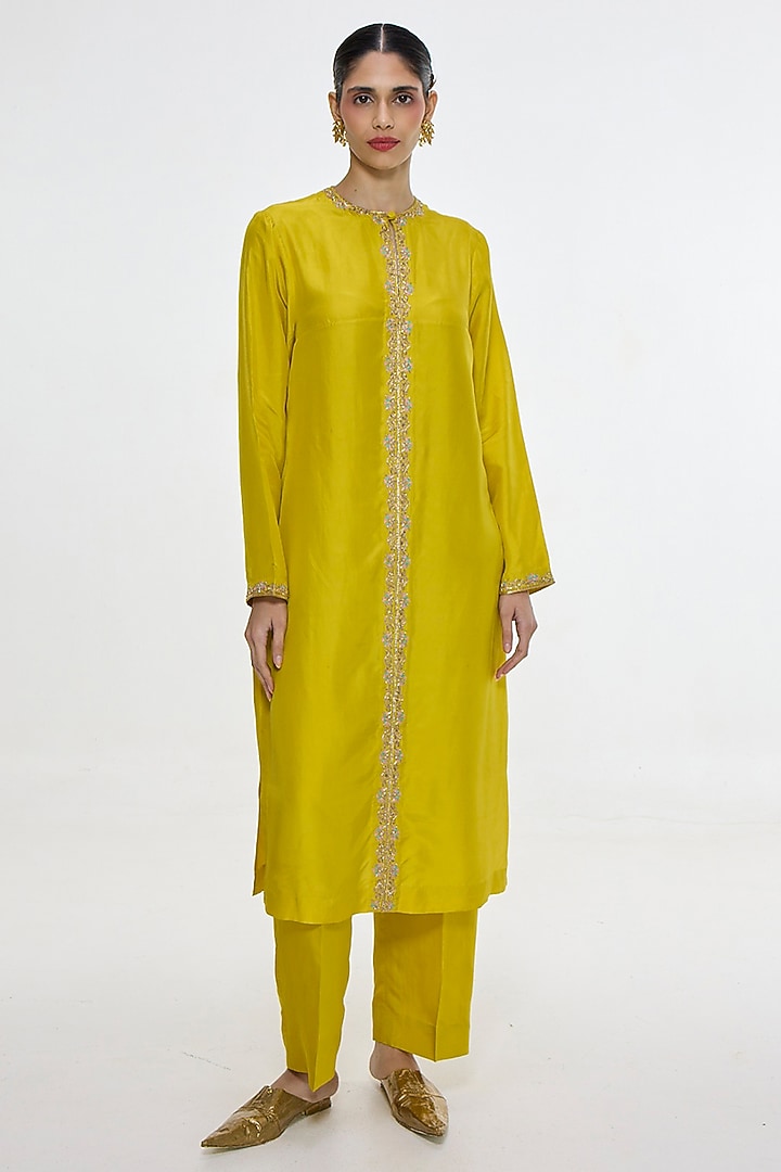 Mustard Yellow Mushroom Silk Embroidered Kurta Set by Ekaya at Pernia's Pop Up Shop