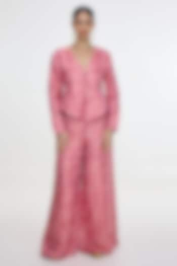 Pink Satin Silk Handwoven Jacket Set by Ekaya at Pernia's Pop Up Shop