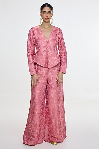 Pink Satin Silk Handwoven Jacket Set by Ekaya