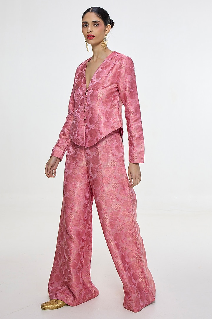 Pink Satin Silk Handwoven Jacket Set by Ekaya at Pernia's Pop Up Shop