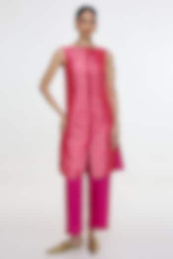 Hot Pink Satin Silk Handwoven Jacket Set by Ekaya at Pernia's Pop Up Shop