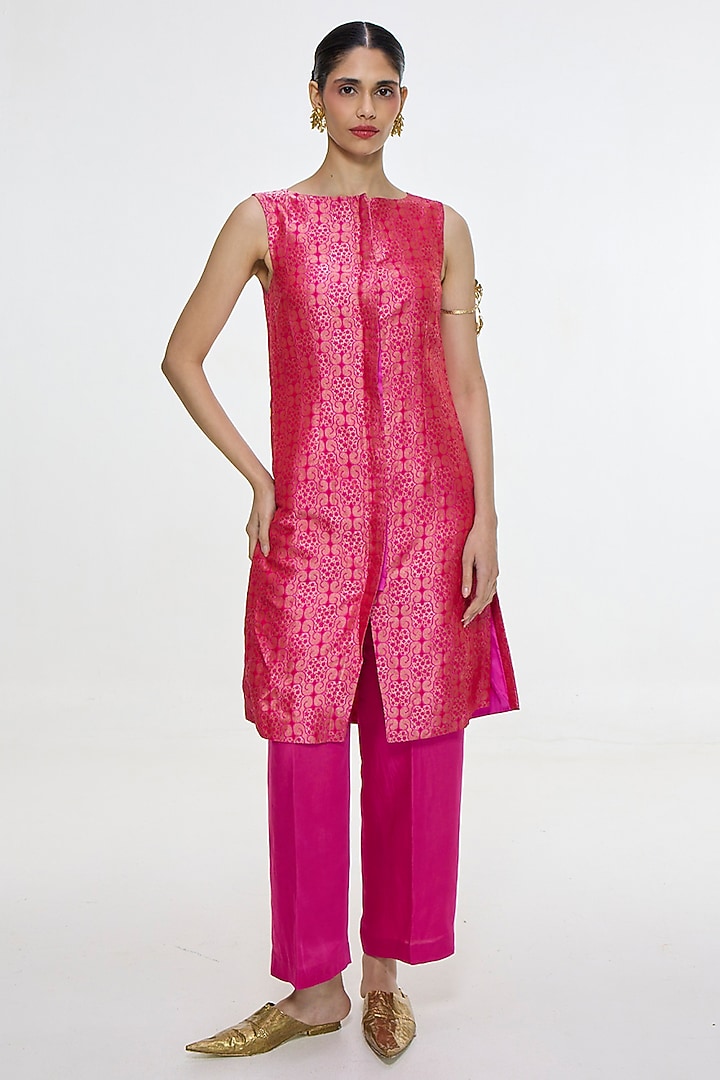 Hot Pink Satin Silk Handwoven Jacket Set by Ekaya at Pernia's Pop Up Shop