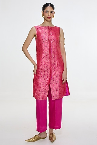 Hot Pink Satin Silk Handwoven Jacket Set by Ekaya