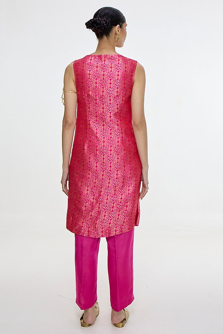 Hot Pink Satin Silk Handwoven Jacket Set by Ekaya at Pernia's Pop Up Shop