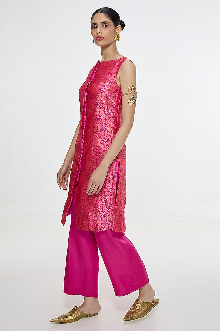 Hot Pink Satin Silk Handwoven Jacket Set by Ekaya at Pernia's Pop Up Shop