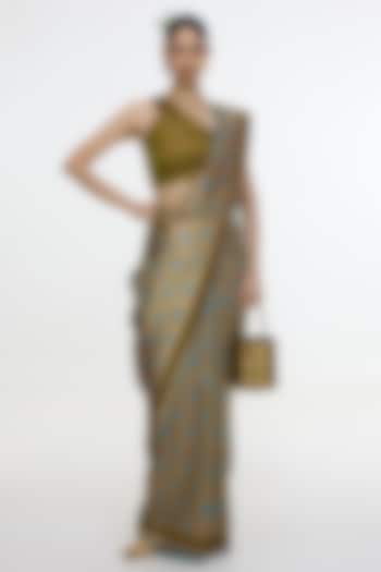 Olive Green Satin Silk Handwoven Wedding Saree by Ekaya at Pernia's Pop Up Shop