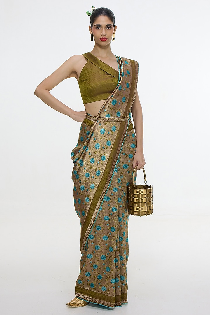 Olive Green Satin Silk Handwoven Wedding Saree by Ekaya at Pernia's Pop Up Shop