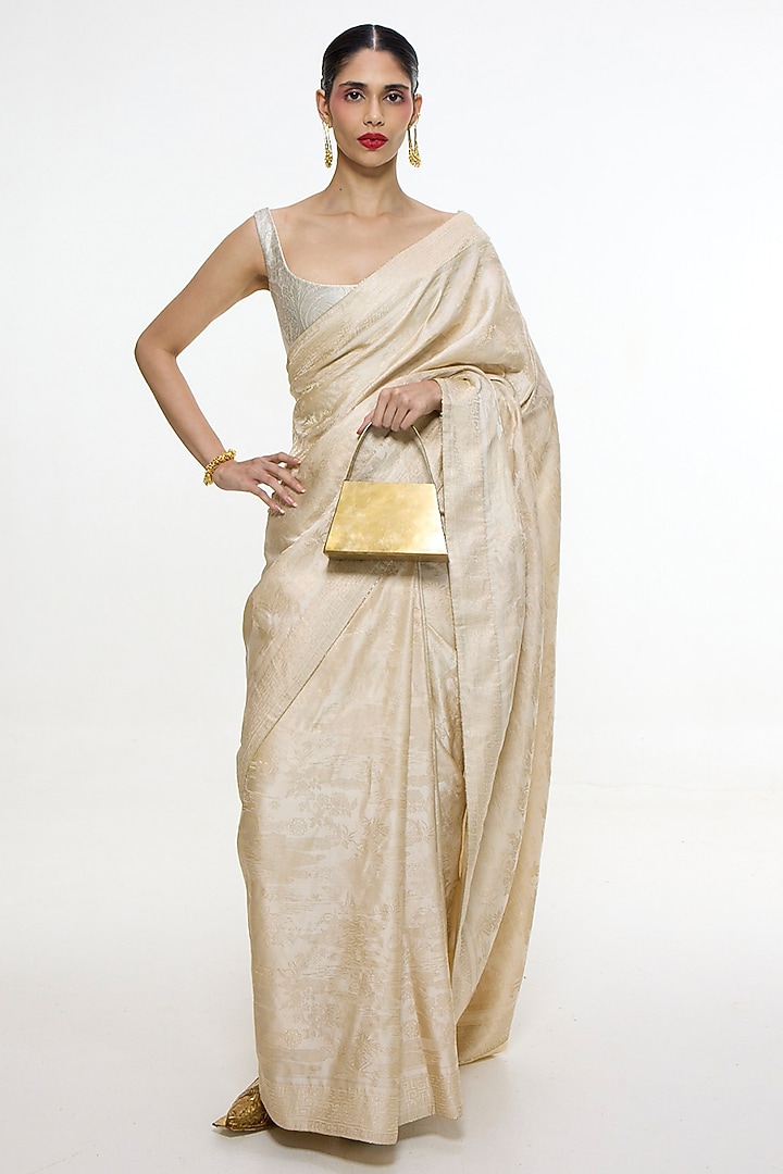 Ivory Satin Silk Handwoven Wedding Saree by Ekaya at Pernia's Pop Up Shop