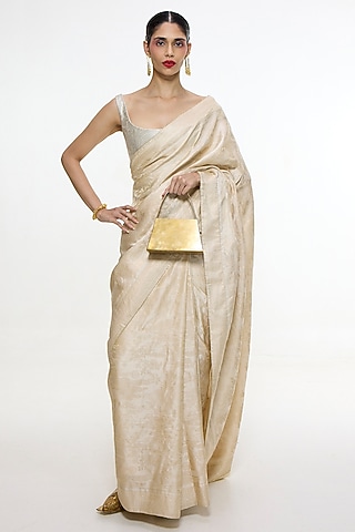 Ivory Satin Silk Handwoven Saree by Ekaya