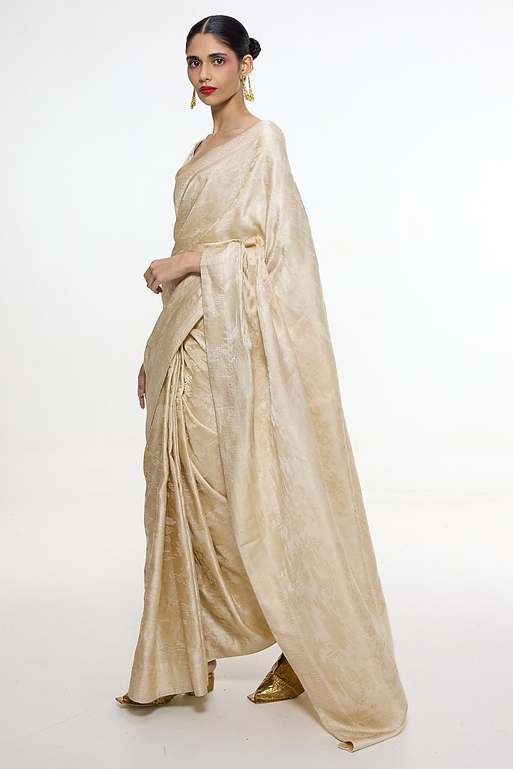 Ivory Satin Silk Handwoven Wedding Saree by Ekaya at Pernia's Pop Up Shop