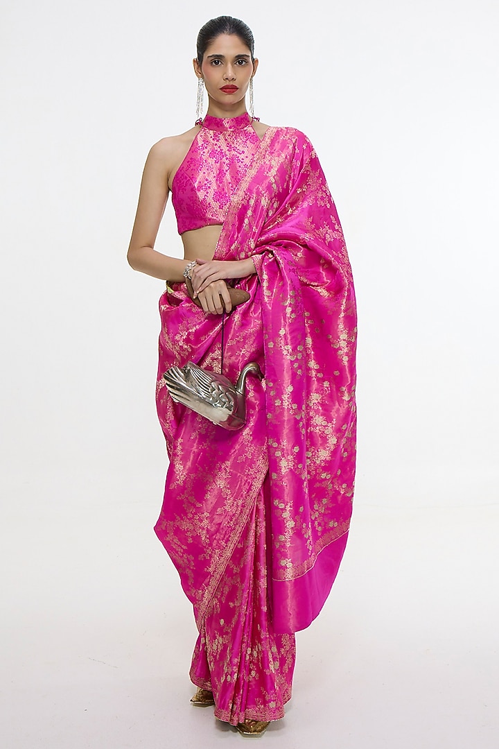 Deep Pink Satin Silk Handwoven Wedding Saree by Ekaya at Pernia's Pop Up Shop