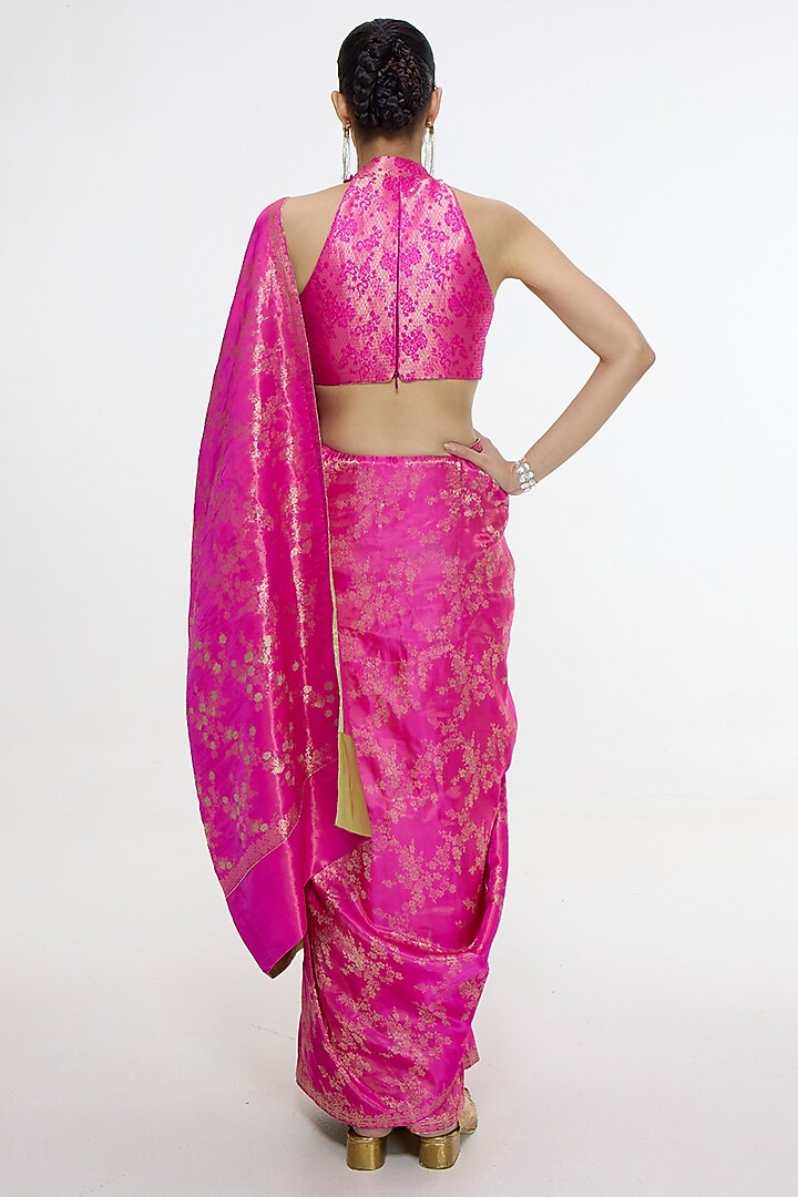 Deep Pink Satin Silk Handwoven Wedding Saree by Ekaya at Pernia's Pop Up Shop