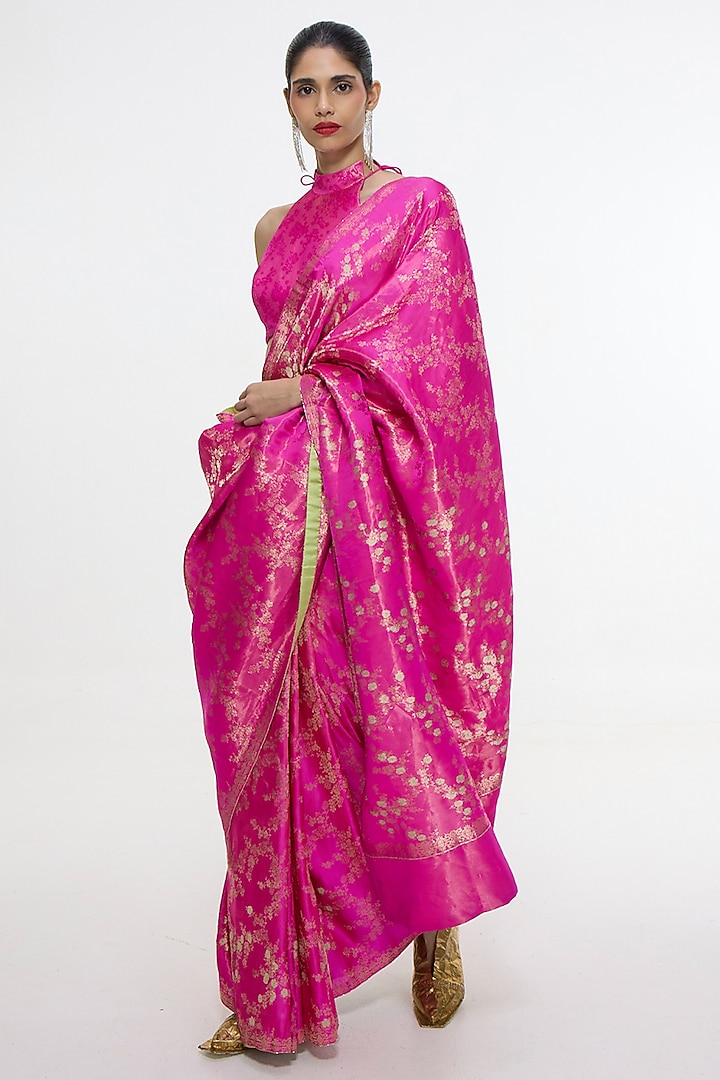 Deep Pink Satin Silk Handwoven Wedding Saree by Ekaya at Pernia's Pop Up Shop
