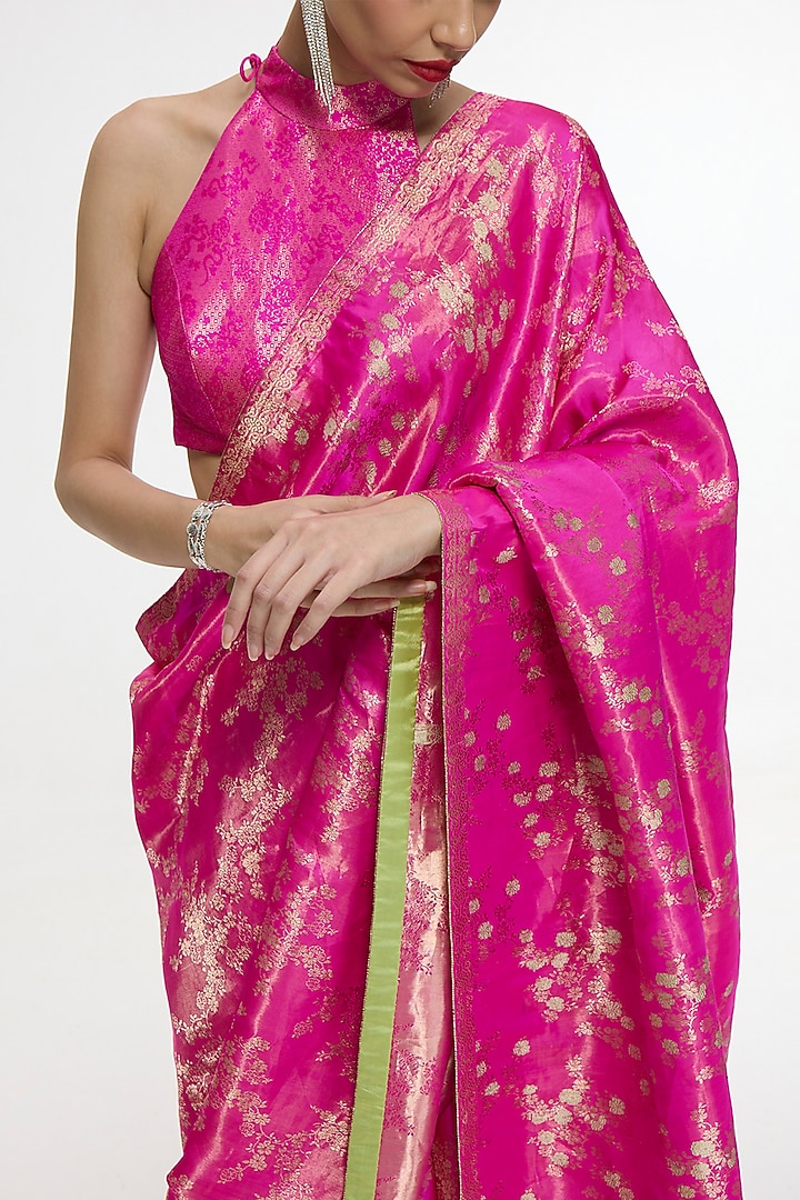 Deep Pink Satin Silk Handwoven Wedding Saree by Ekaya at Pernia's Pop Up Shop