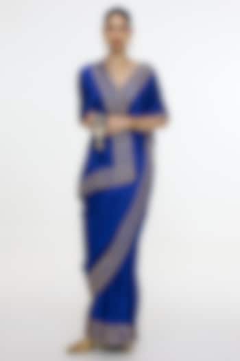 Marine Blue Satin Silk Handwoven Embroidered Wedding Saree by Ekaya at Pernia's Pop Up Shop