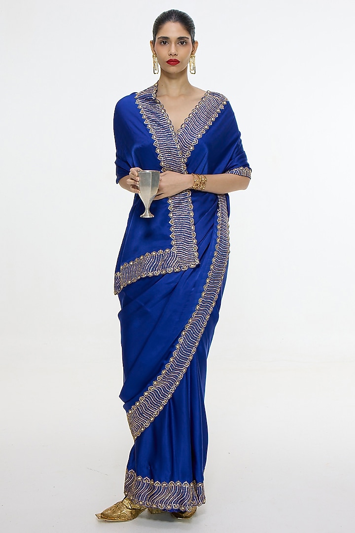 Marine Blue Satin Silk Handwoven Embroidered Wedding Saree by Ekaya at Pernia's Pop Up Shop